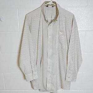 White Tan Mini Stripe Casual Button Down 1 Pocket John Deere Shirt
